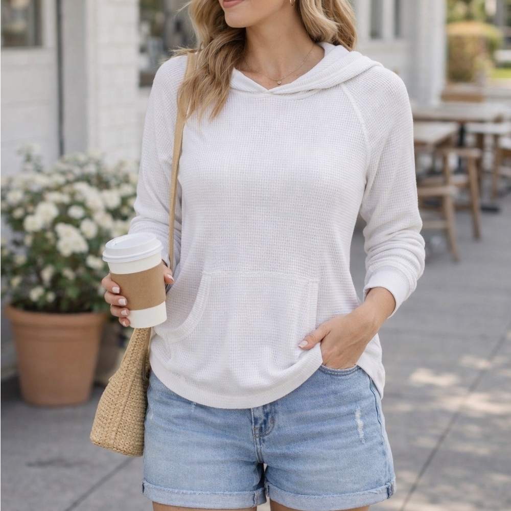 TNA White Waffle Hooded Shirt